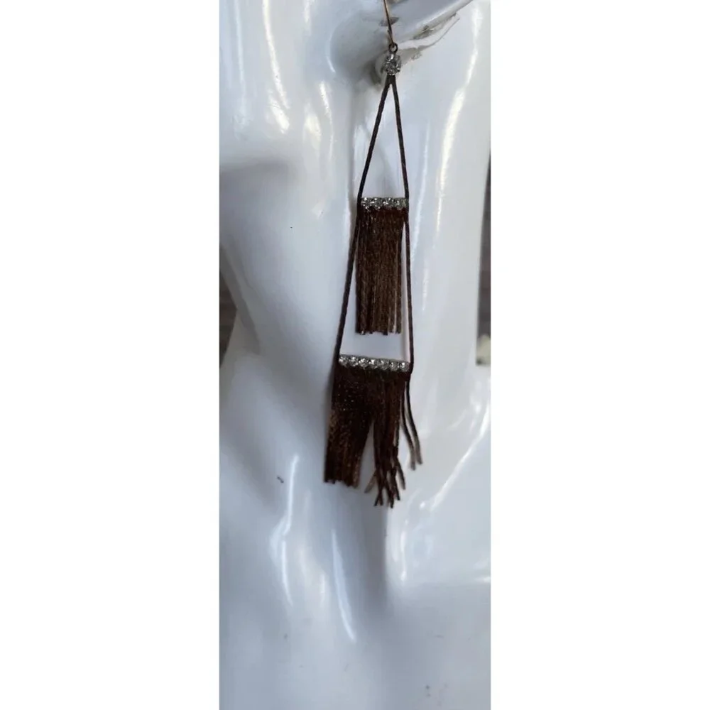 Vintage Copper Rose Gold Long Tassle Multi Start and Dangle Earrings White Stone